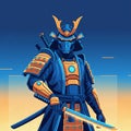Illustration of a futuristic samurai warrior in blue and orange armor holding a glowing katana Royalty Free Stock Photo