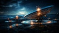 Futuristic satellite dish array illuminated under a starry night sky in a remote location Royalty Free Stock Photo