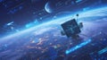 A futuristic satellite orbiting Earth with glowing blue digital displays and data streams Royalty Free Stock Photo