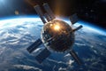 futuristic satellite orbiting earth with solar panels extended