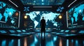 Futuristic global control room with businessman analyzing world map data and digital technology interface Royalty Free Stock Photo
