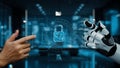 Futuristic Interface with Human and Robot Hands Interacting with Digital Lock, Symbolizing Cybersecurity and Technology Royalty Free Stock Photo