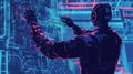 Futuristic scene depicting a humanoid robot interacting with a digital interface