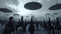 Futuristic scene depicting warriors on horseback wearing traditional armor and helmets, facing an array of large, hovering UFOs Royalty Free Stock Photo