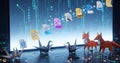 A futuristic scene depicts origami foxes and documents floating from a digital screen with binary code illuminated by soft light Royalty Free Stock Photo
