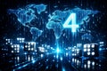 Glowing dice and digital world map with number 4 gambling game Royalty Free Stock Photo