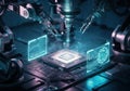 Advanced robotic arms assembling a microchip in a high-tech environment