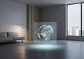 Futuristic Globe Hologram Displaying Digital Network in Modern Office Royalty Free Stock Photo
