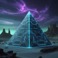 Futuristic scene featuring a glowing, translucent pyramid with circuit patterns, resembling advanced technology Royalty Free Stock Photo