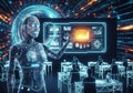 Futuristic scene featuring a humanoid robot interacting with a digital display showing charts and Royalty Free Stock Photo