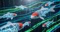 Digital Koi Fish Swimming Through Binary Code Data Streams, Future Technology Concept Royalty Free Stock Photo