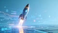 Futuristic rocket launch on blue background for ai startup growth innovation and advanced digital progress in tech acceleration Royalty Free Stock Photo