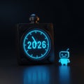 A glowing blue robot and a clock showing the year 2026 against a dark background Royalty Free Stock Photo