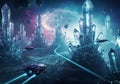 Futuristic scene featuring towering, luminous crystal structures and sleek spacecraft Royalty Free Stock Photo