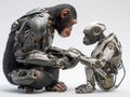 A futuristic scene featuring two chimeric chimps, one in front of the other, on a clean white background They are dressed in Royalty Free Stock Photo