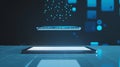 A futuristic scene with floating digital elements and a glowing tablet Royalty Free Stock Photo