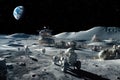 Futuristic scene of humans building first lunar base, Earth vividly visible in the black starry sky. Generative AI
