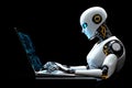 A futuristic scene of a modern human-like robot sitting at a sleek desk, intensely using a laptop as a hacker Royalty Free Stock Photo
