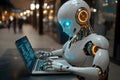 A futuristic scene of a modern human-like robot sitting at a sleek desk, intensely using a laptop as a hacker Royalty Free Stock Photo