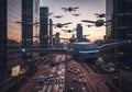 A futuristic scene with numerous drones flying through a cityscape Royalty Free Stock Photo