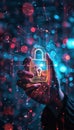 Futuristic Security Concept Featuring Holographic Padlock and Encrypted Data Streams