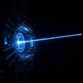 A futuristic scene shows a complex mechanical structure emitting a bright blue laser Royalty Free Stock Photo