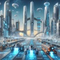 Futuristic scene with skyscrapers, hovercrafts Generative ai for illustrations