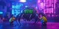 futuristic scene with two miniature figures facing glowing cybernetic spider