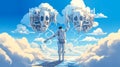 futuristic scene where a figure in a spacesuit stands amidst the clouds, reaching out towards intricate, robotic