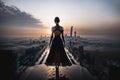 Futuristic Scene of Woman Standing on a Ledge Overlooking a City at Sunset. Created with Generative AI
