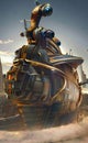 Futuristic scenery, steampunk spaceship on alien planet, generative ai illustration, these depiction is fictitious and generated