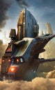 Futuristic scenery, steampunk spaceship on alien planet, generative ai illustration, these depiction is fictitious and generated