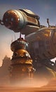 Futuristic scenery, steampunk spaceship on alien planet, generative ai illustration, these depiction is fictitious and generated