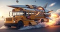 Futuristic School Bus with Rocket Boosters Soaring Through Space Royalty Free Stock Photo