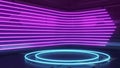 Futuristic Sci-Fi Abstract Blue And Purple Neon Light Shapes On Reflective METAL SPACESHIP WALL. Empty space for the installation