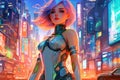 Futuristic sci - fi Anime girl, with neon - colored hair and a sleek body suit, standing in front of a towering metropolis, manga Royalty Free Stock Photo