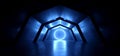 Futuristic Sci Fi Arch Blue Laser Neon Lights Glowing Dark Grunge Reflective Concrete Tunnel Corridor Hallway Alien Spaceship