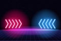 Futuristic Sci-Fi Arrow Shaped Neon Tube Vibrant Purple And Blue Glowing Lights On 3d Tilted space with reflection in Empty Space Royalty Free Stock Photo