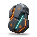 Futuristic Sci- Fi Backpack with Glowing Orange and Teal Lights on White Background sci-fi Royalty Free Stock Photo