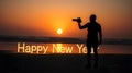 Futuristic Sci-Fi Beach Sunset with Glowing Happy New Year Royalty Free Stock Photo