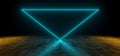 Futuristic Sci Fi Blue Neon Triangle Tube Glowing On Dark Concrete Reflective Surface With Orange Lights And Empty Space Royalty Free Stock Photo