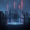 Futuristic sci fi circle pedestal with led warp beam light on reflection floor and mega city at night background. Royalty Free Stock Photo