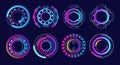 futuristic sci fi circular hud frame collection with neon glowing interface elements technology gaming science fiction display Royalty Free Stock Photo