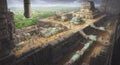 Futuristic sci-fi complex with industrial architecture set in a lush green landscape.