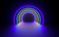 Futuristic sci-fi concrete room with glowing neon. Virtual reality portal, vibrant colors, laser energy source. Colorful neon