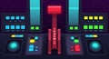 Futuristic sci-fi control panel with colorful buttons and a red transmit pillar on a dark purple starry background digital Royalty Free Stock Photo