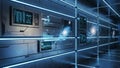 Futuristic sci-fi control room with holographic showing galaxies and data streams Royalty Free Stock Photo