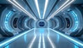 Futuristic Sci- Fi Corridor with Blue Neon Lights and Hexagonal Screen sci-fi hallway Royalty Free Stock Photo