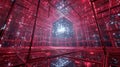 Futuristic Sci-Fi Cyberpunk Background with Glowing Geometric Cube in a Red Digital Matrix Grid, High-Tech Abstract Data Royalty Free Stock Photo