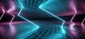 Futuristic Sci Fi Dark Club Dance Rectangle Shaped Neon Lights Glowing Blue Purple Pink Gradient In Empty Reflective Mesh Grid Royalty Free Stock Photo